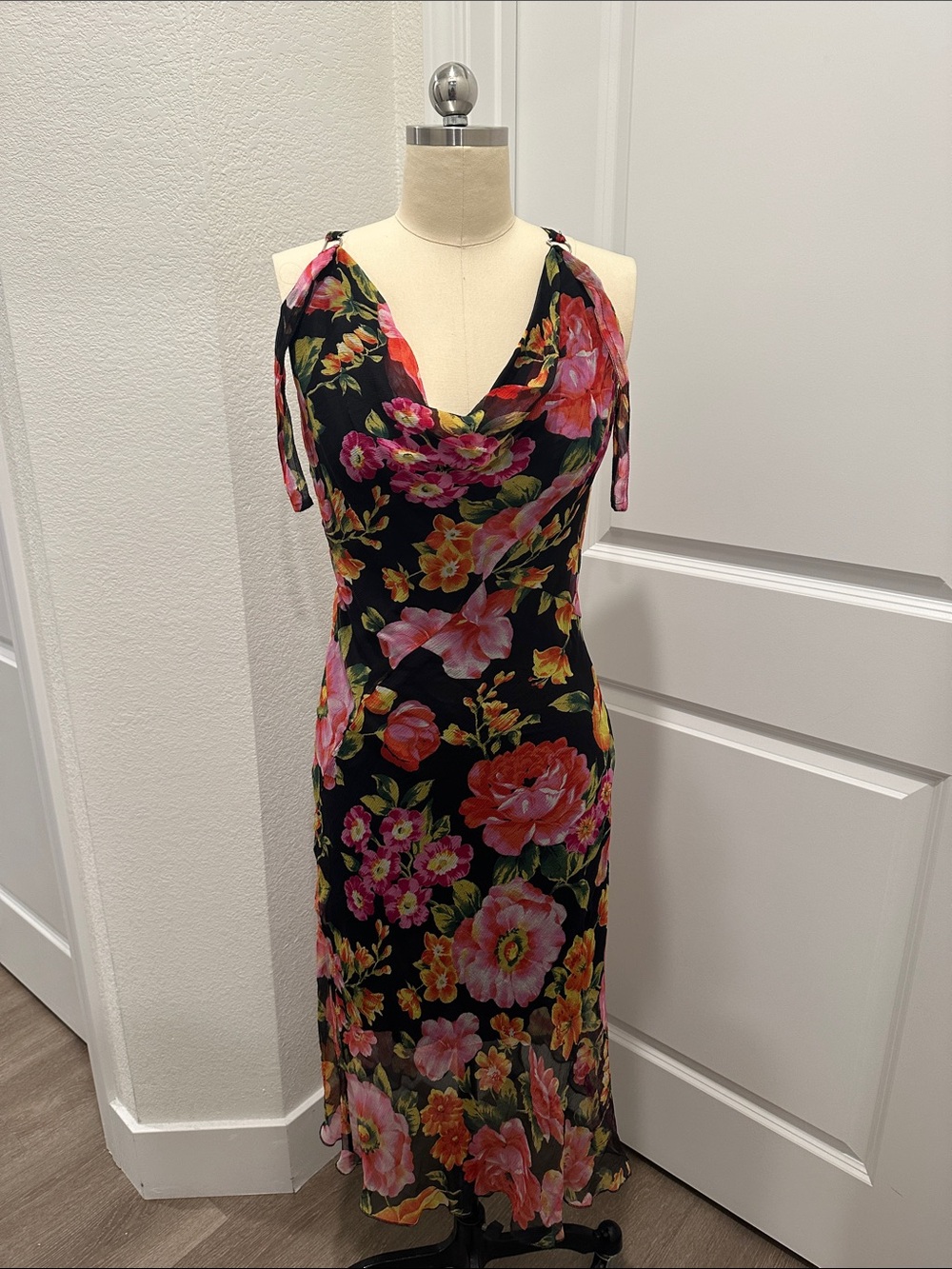 Floral Cowl Neck Black Midi Dress italian Coral Blooms y2k 90s vintage silk euro